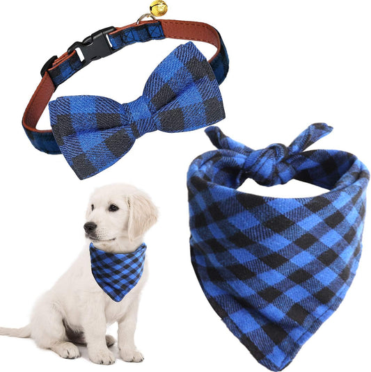 2 Pack Cat and Dog Collar Breakaway and Bandana Set with Bell, Adjustable Plaid Bowtie and Scarf Triangle Bibs Kerchief for Small/Medium/Large Dogs (Blue Plaid, S(9.8"-14"))