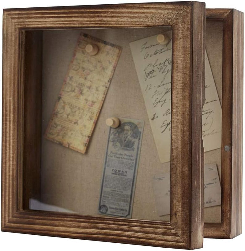 Shadow Box Frame 8X8 Shadow Boxes Display Case with Linen Back Memorabilia Awards Medals Bouquet Photos Picture Badge Wedding Memory Box for Keepsakes Carbonized Small Pin Board