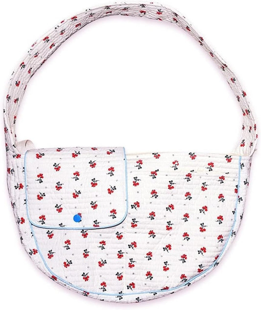Pet Dog Cat Sling Carrier for Small Medium Dogs Cats Cute Flower Pattern Breathable Cotton Puppy Travel Bag Backpack with Pocket Pet Tote for Outdoor Travel Car Bag White