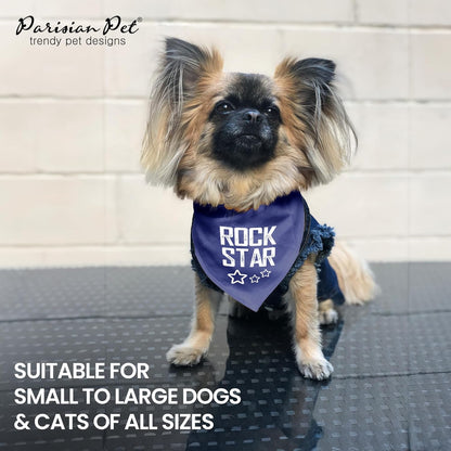 Unisex Dog Bandanas with Printed 'Rock Star ' - Fashionable Tie-On Adjustable, Polyester Dog Scarf for Large Dogs - Washable Triangle Female Dog Bib - Blue Handkerchief for Pets
