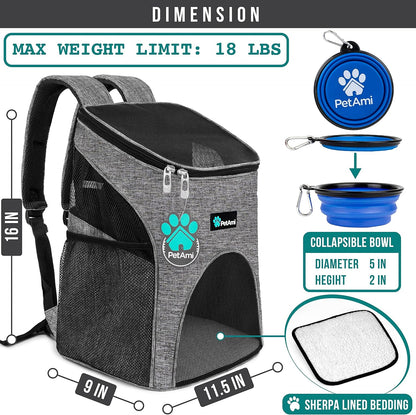 Small Dogs and Cat Backpack Carrier, Airline Approved Pet Backpack Carrier, Ventilated, Safety Strap, Buckle Support Designed for Hiking Travel Camping Outdoor, Max 18 Lbs (Heather Gray)