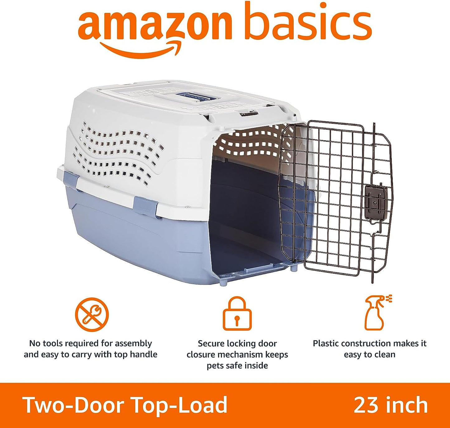 2-Door Top-Load Hard-Sided Dogs, Cats Pet Travel Carrier, Gray & Blue, 22.8"L X 15.0"W X 13.0"H
