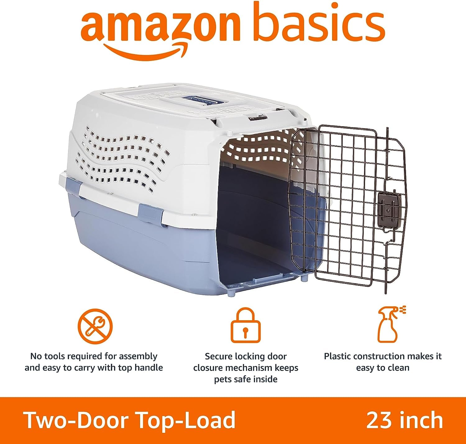 2-Door Top-Load Hard-Sided Dogs, Cats Pet Travel Carrier, Gray & Blue, 22.8"L X 15.0"W X 13.0"H