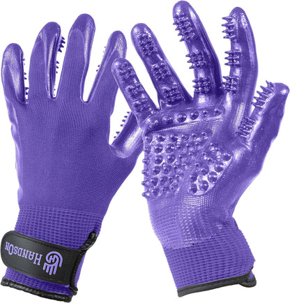Pet Grooming Gloves - Patented #1 Ranked, Award Winning Shedding, Bathing, & Hair Remover Gloves - Gentle Brush for Cats, Dogs, and Horses (Mono Purple, X-Large)