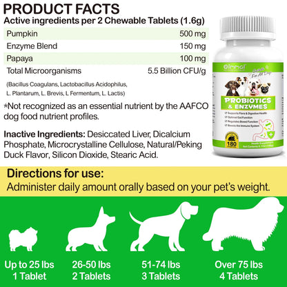 Probiotics with Enzymes Chewable Tablets for Dogs, 180P*2 Peking Duck Flavor - Supports Flora & Digestive Health | Relief from Constipation, Allergies - Digestive and Immune Support