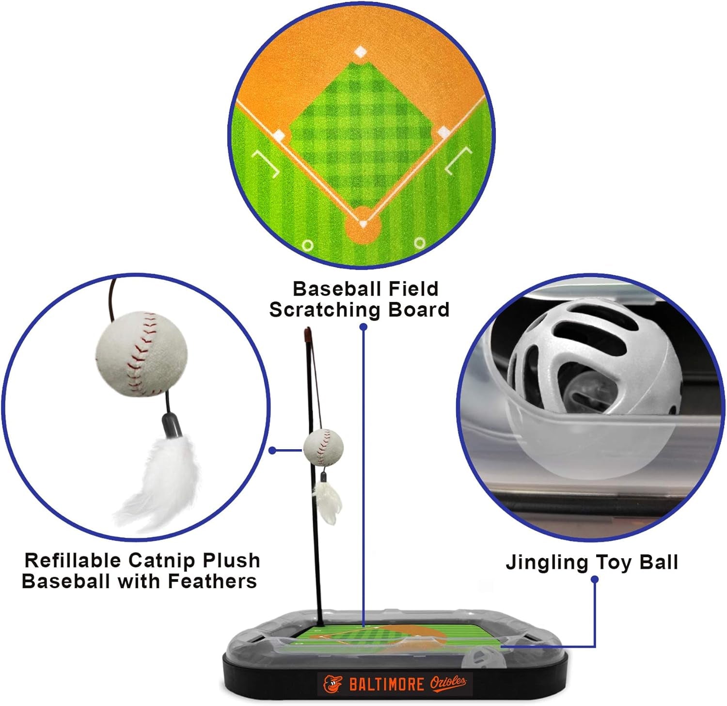 Cat Scratching Toy MLB BALTIMORE ORIOLES Baseball Field Cat Scratcher Toy with Interactive Cat Ball Bell in Tracks. 5-In-1 CAT TOY: Cat Wand Poll with CATNIP FILLED Plush Baseball & Feathers.