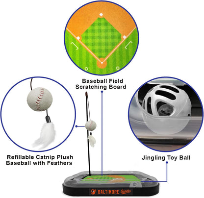 Cat Scratching Toy MLB BALTIMORE ORIOLES Baseball Field Cat Scratcher Toy with Interactive Cat Ball Bell in Tracks. 5-In-1 CAT TOY: Cat Wand Poll with CATNIP FILLED Plush Baseball & Feathers.