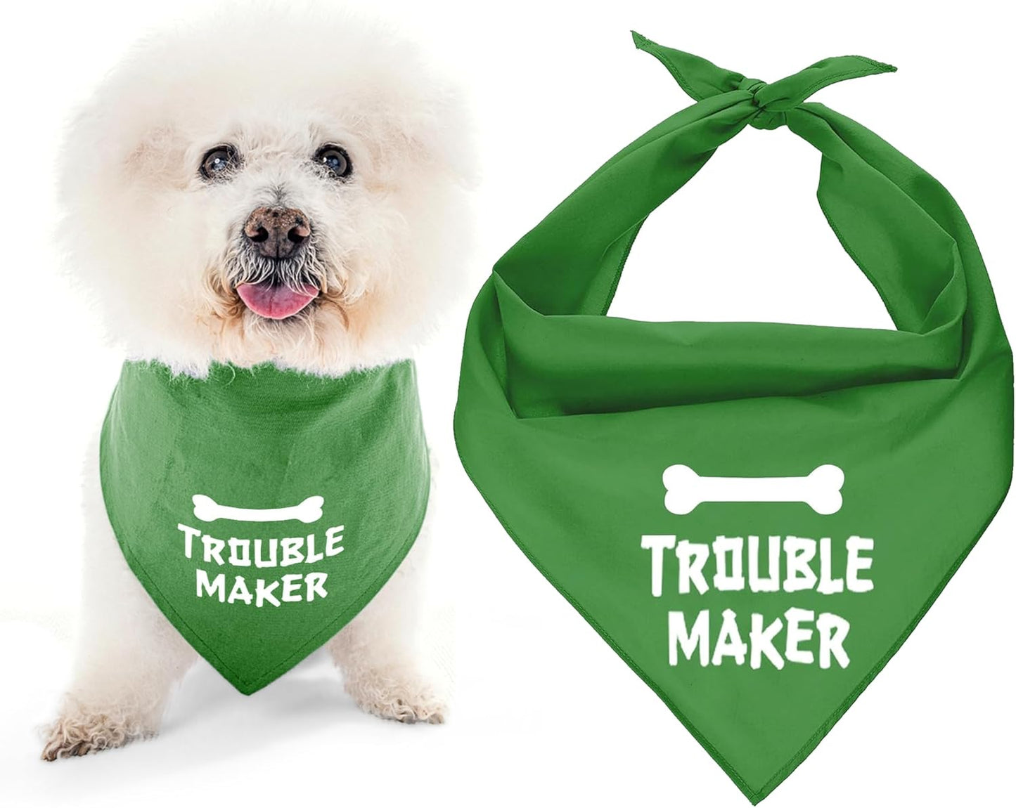 Unisex Dog Bandanas Funny with Printed 'Trouble Maker' Word - Tie-On Adjustable Polyester Dog Scarf for Small Dogs - Washable Triangle Dog Bib - Green Handkerchief for Pets - S