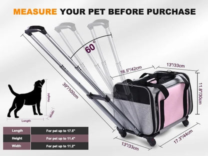 Rolling Pet Carrier with Wheels, Foldable Airline Approved Dog Carriers for Small Dogs and Cats, Cat Carrier on Wheels, Pet Travel Carrier for Flight Camping Outdoor