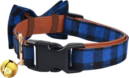 2 Pack Cat and Dog Collar Breakaway and Bandana Set with Bell, Adjustable Plaid Bowtie and Scarf Triangle Bibs Kerchief for Small/Medium/Large Dogs (Blue Plaid, S(9.8"-14"))