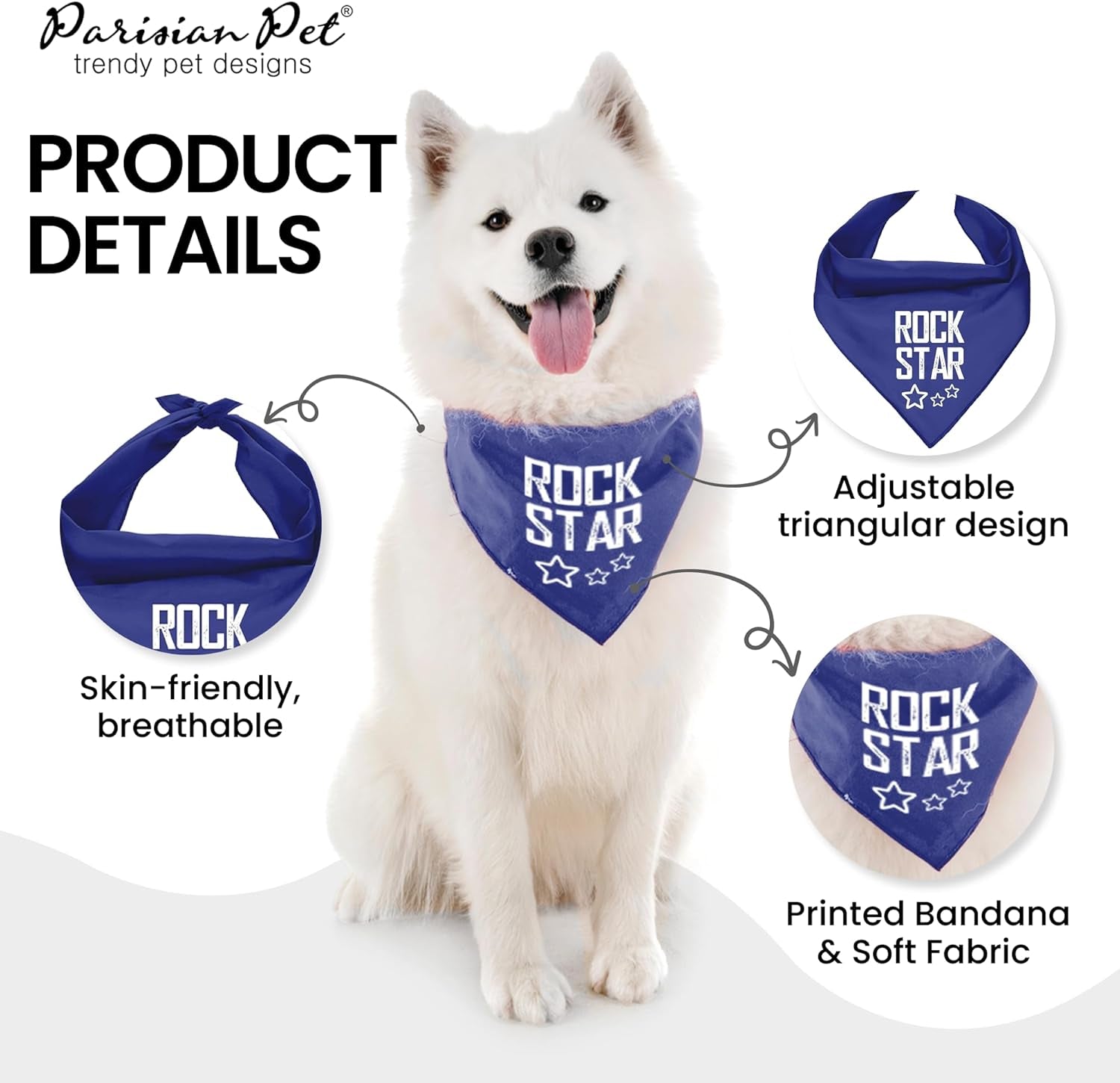 Unisex Dog Bandanas with Printed 'Rock Star ' - Fashionable Tie-On Adjustable, Polyester Dog Scarf for Large Dogs - Washable Triangle Female Dog Bib - Blue Handkerchief for Pets