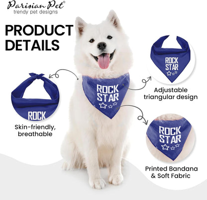 Unisex Dog Bandanas with Printed 'Rock Star ' - Fashionable Tie-On Adjustable, Polyester Dog Scarf for Large Dogs - Washable Triangle Female Dog Bib - Blue Handkerchief for Pets