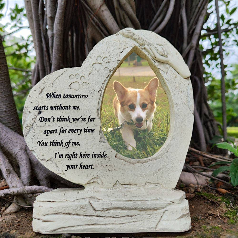 Heart Shaped Pet Dog Memorial Stones with Photo Frame, Pet Dog Garden Stones Grave Markers Headstones Sympaty Memorial Gifts Loss Gifts Outdoor or Indoor