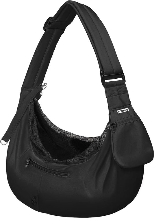 Small Dog Cat Sling Carrier, Pet Carrier Tote Bag Purse Hands Free Adjustable Padded Strap Breathable Polyester Soft Carrying Travel Shoulder Bag with Front Pocket for Dogs Cats, Black