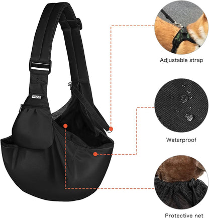 Small Dog Cat Sling Carrier, Pet Carrier Tote Bag Purse Hands Free Adjustable Padded Strap Breathable Polyester Soft Carrying Travel Shoulder Bag with Front Pocket for Dogs Cats, Black