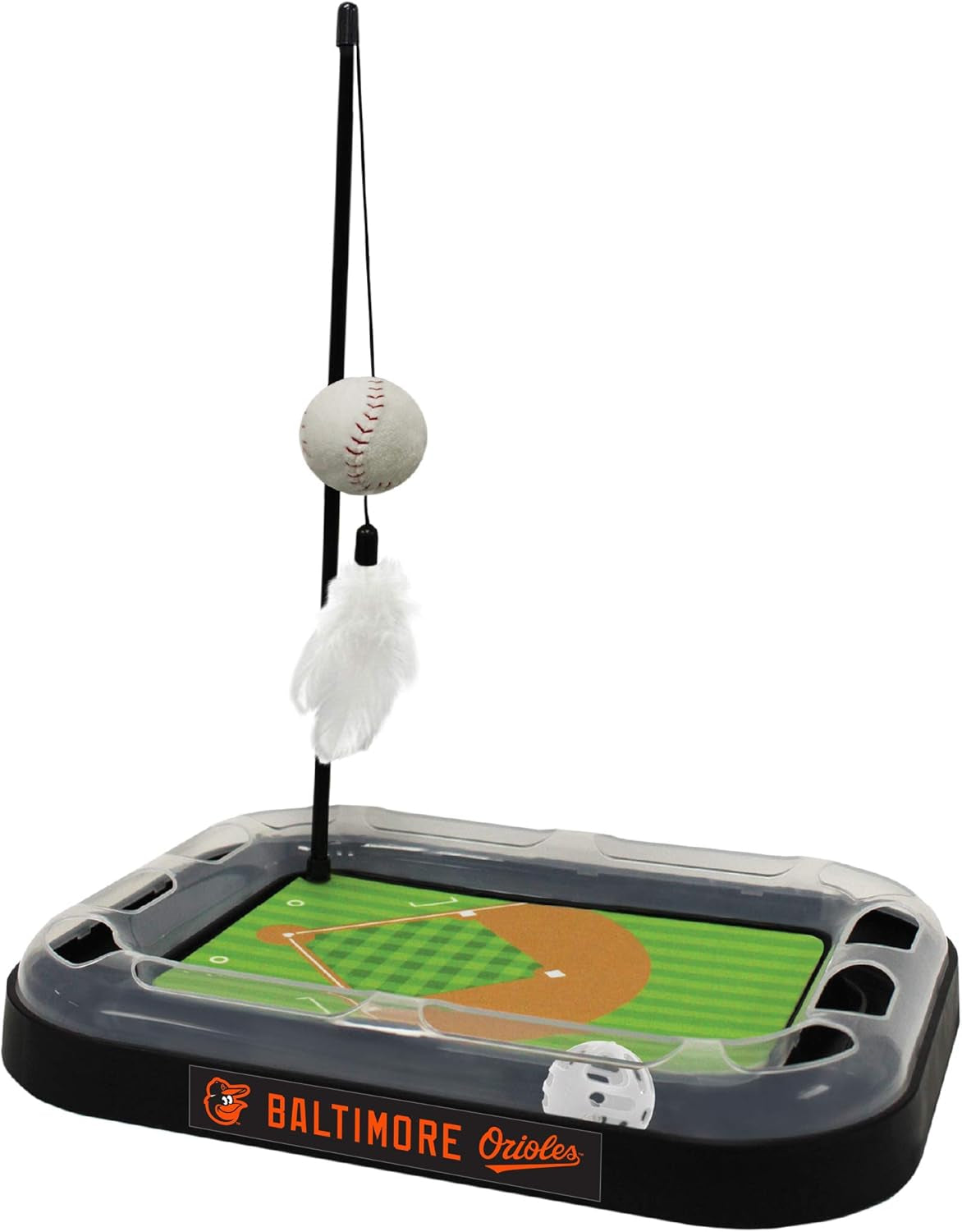 Cat Scratching Toy MLB BALTIMORE ORIOLES Baseball Field Cat Scratcher Toy with Interactive Cat Ball Bell in Tracks. 5-In-1 CAT TOY: Cat Wand Poll with CATNIP FILLED Plush Baseball & Feathers.