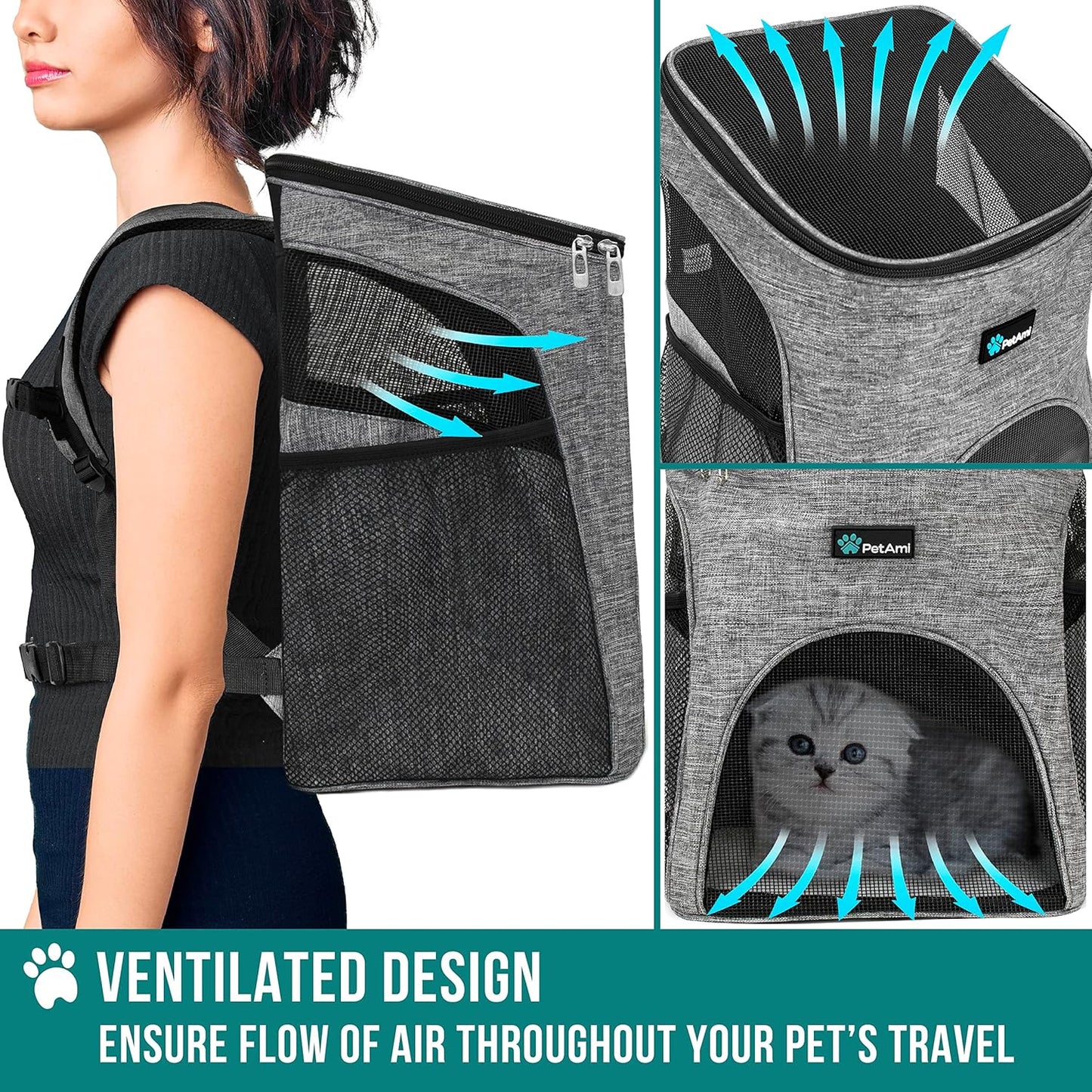 Small Dogs and Cat Backpack Carrier, Airline Approved Pet Backpack Carrier, Ventilated, Safety Strap, Buckle Support Designed for Hiking Travel Camping Outdoor, Max 18 Lbs (Heather Gray)