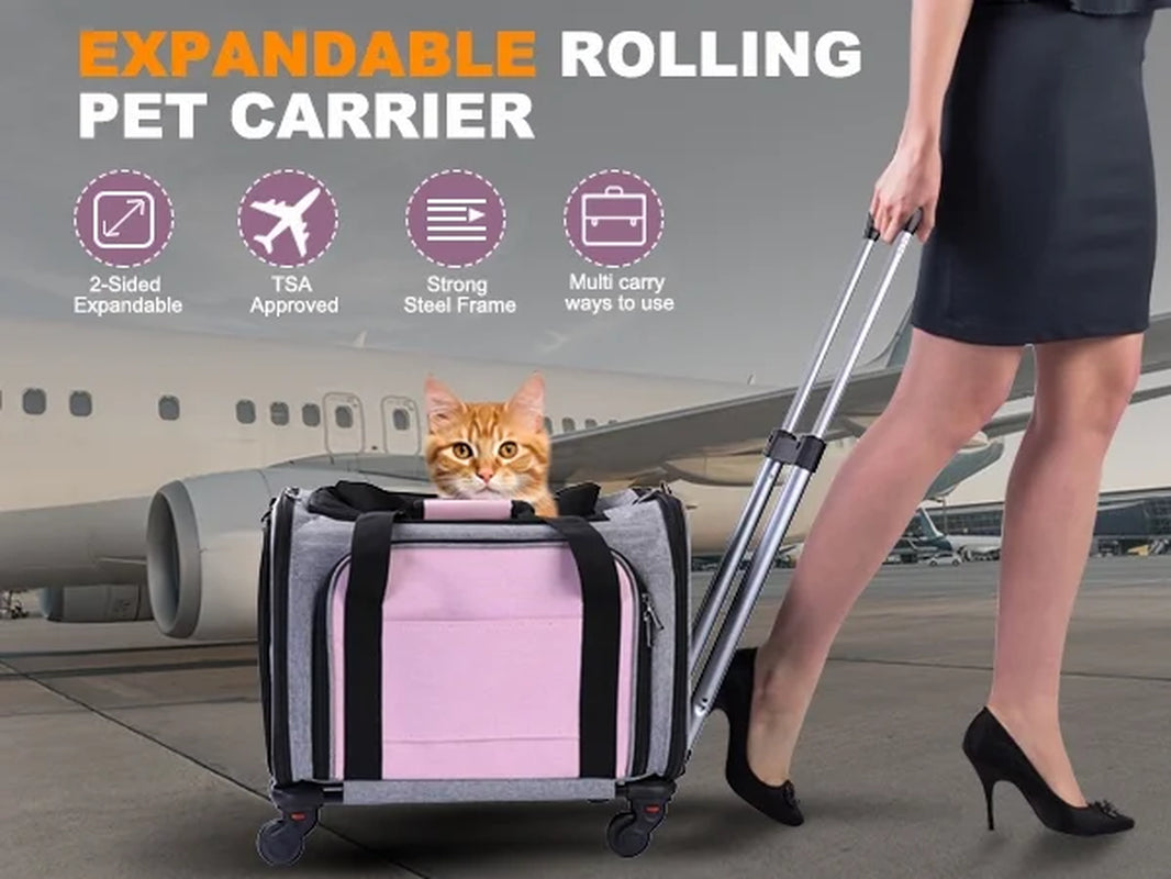 Rolling Pet Carrier with Wheels, Foldable Airline Approved Dog Carriers for Small Dogs and Cats, Cat Carrier on Wheels, Pet Travel Carrier for Flight Camping Outdoor