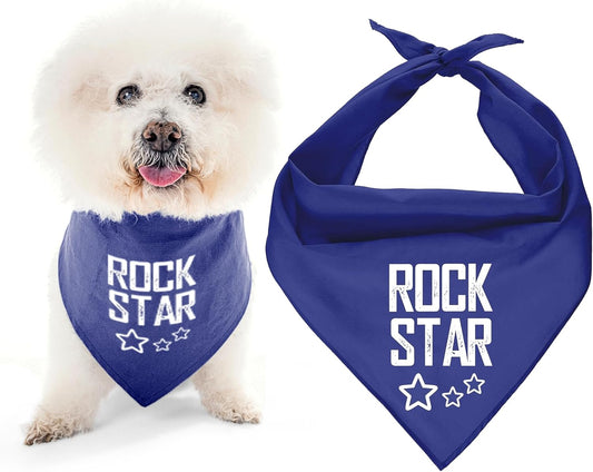 Unisex Dog Bandanas with Printed 'Rock Star' - Fashionable Tie-On Adjustable, Polyester Dog Scarf for Small Dogs - Washable Triangle Female Dog Bib - Blue Handkerchief for Pets - S