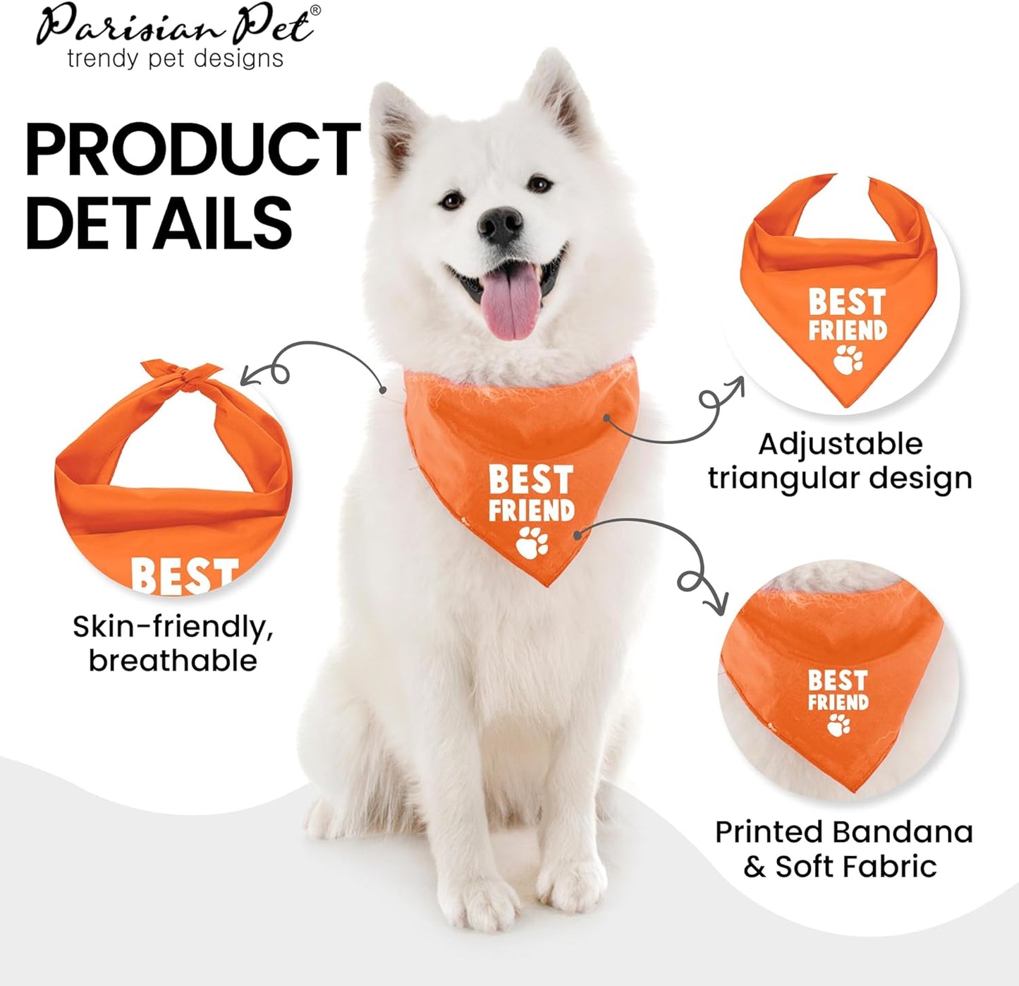 Unisex Dog Bandanas with Printed 'Best Friend' Words - Tie-On Adjustable Polyester Dog Scarf for Small Dogs - Washable Triangle Dog Bib - Orange Handkerchief for Pets - S
