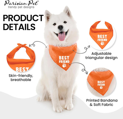 Unisex Dog Bandanas with Printed 'Best Friend' Words - Tie-On Adjustable Polyester Dog Scarf for Small Dogs - Washable Triangle Dog Bib - Orange Handkerchief for Pets - S