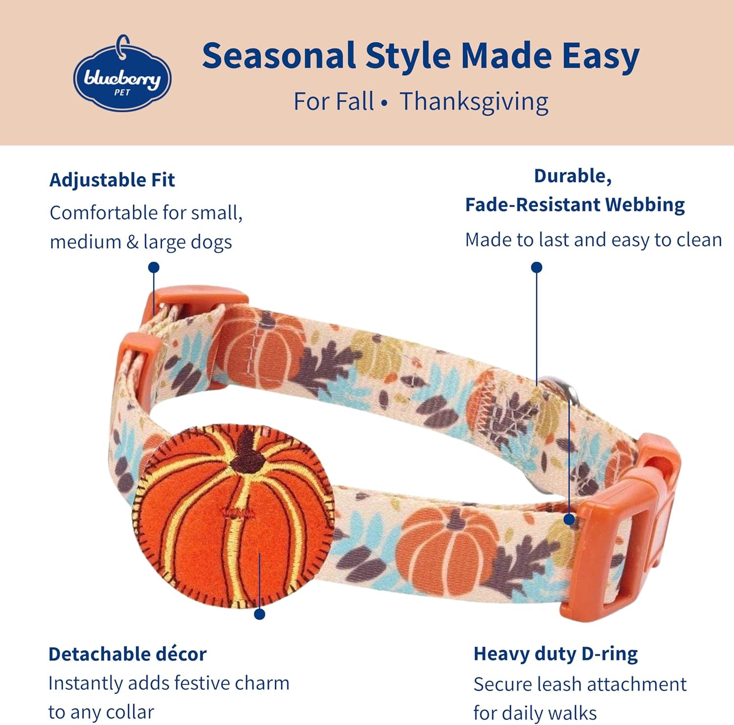 Thanksgiving Dog Collar - Adjustable Fall Pumpkin Puppy Collar for Small Dogs, Medium 14.5"-20" - Perfect for Holiday Enthusiasts & Family Photos - Seasonal Dog Collars