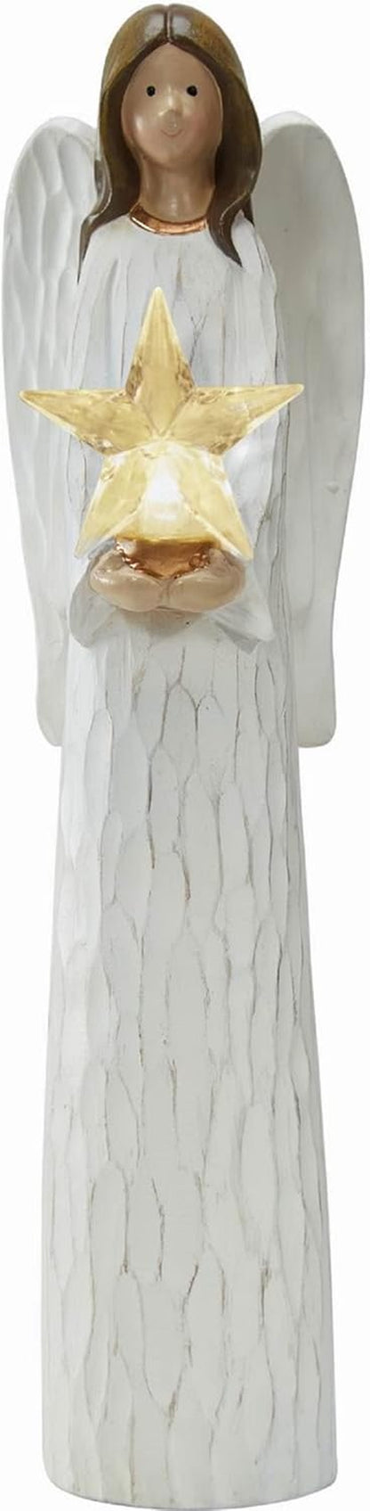 Christmas Angels Figurines Holding LED Light Crystal Star, Light up Angel Statues and Figurines for Christmas Table Decor, Holiday, Polyresin 13.7 Inch