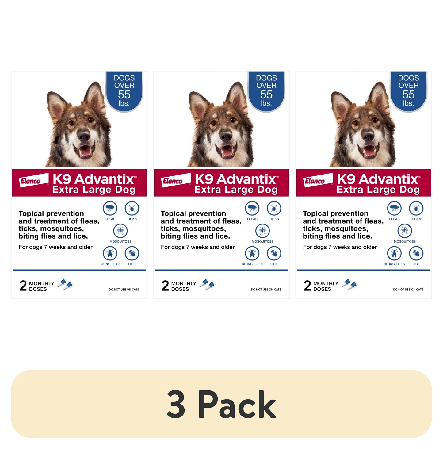 (3 Pack)  Flea, Tick & Mosquito Prevention for Extra Large Dogs over 55 Lbs., 2-Monthly Treatments