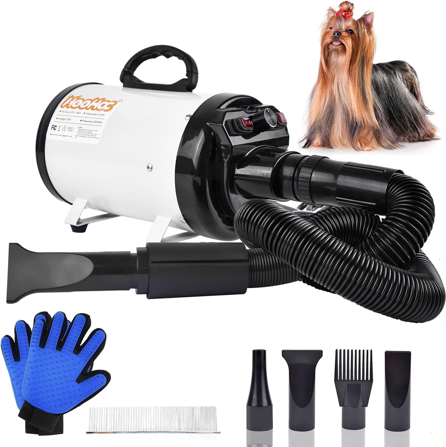 Dog Dryer, High Velocity Dog Hair Dryer, Dog Blow Dryer - Groomer Partner Pet Blower Grooming Force Dryer with Heater, Stepless Adjustable Speed, 4 Different Nozzles, Comb & Pet Grooming Glove (White)