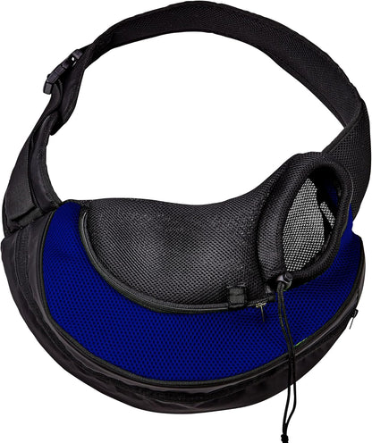 Expandable Pet Carrier Sling Bag - Small Dog, Puppy and Cat Carrier Front Shoulder Backpack W/Harness Strap - Carrying Pouch for ESA, Animal Travel - PU Leather Bottom, Mesh Pocket by  (Blue)