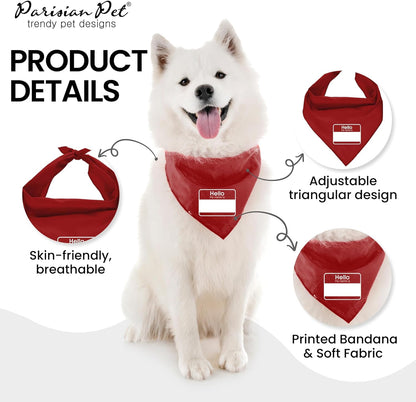 Parisian Unisex Pet Dog Bandanas with Printed 'My Name Is' - Pet ID Tag Tie-On Adjustable, Polyester Dog Scarf for Large Dogs - Washable Triangle Dog Bib - Red Handkerchief for Pets