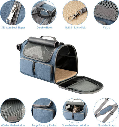 Small Pet Carrier for Cat - Cat Carrier Airline Approved under Seat - TSA Approved Pet Carrier Mesh Window,Dog Airplane Carrier,Portable Soft Cat Transport Carrier,Black