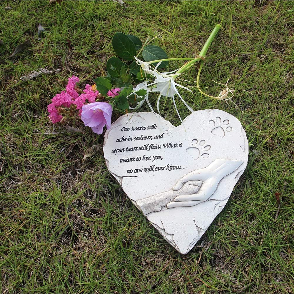 New York Dog Pet Memorial Stones, Hand-Painted Heart-Shaped Loss of Pet Dog Memorial Gifts with Sympathy Poem and Paw in Hand Design, (White)
