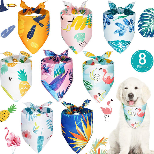 8 Pieces Summer Pet Bandanas Dog Triangle Summer Bandana Hawaiian Dog Scarf Triangle Bibs Adjustable Rainforest Fruit Flamingo Style for Small Large Pet(L)
