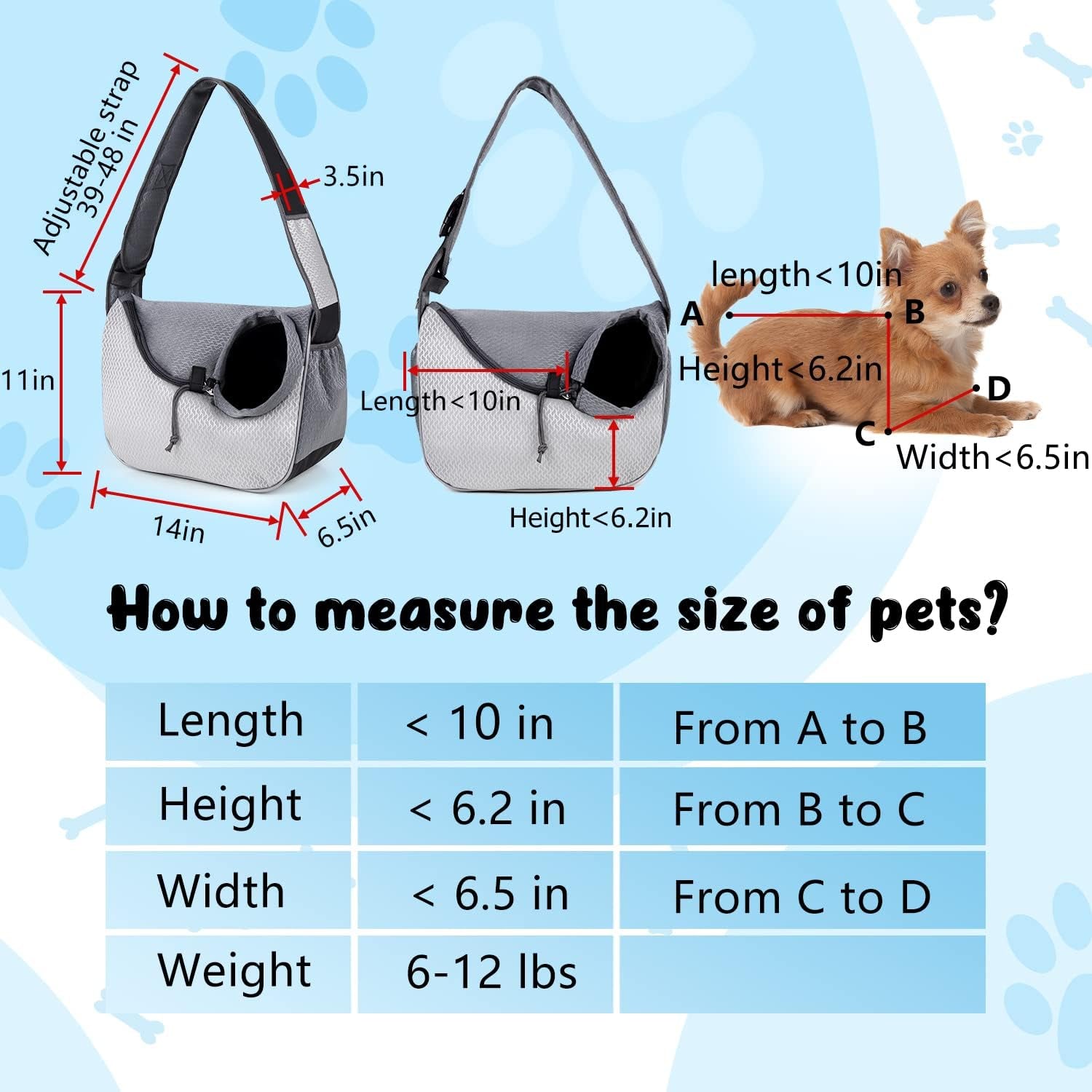 Pet Dog Sling Carrier Travel Hands-Free Puppy Pouch Carriers with Bottom Breathable Doggie Carrying Bag Reflective Safe Cat Crossbody Carrier for Medium Small Dogs Cats(6-12Lbs, Grey)