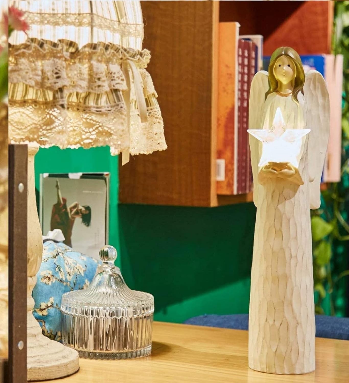 Christmas Angels Figurines Holding LED Light Crystal Star, Light up Angel Statues and Figurines for Christmas Table Decor, Holiday, Polyresin 13.7 Inch