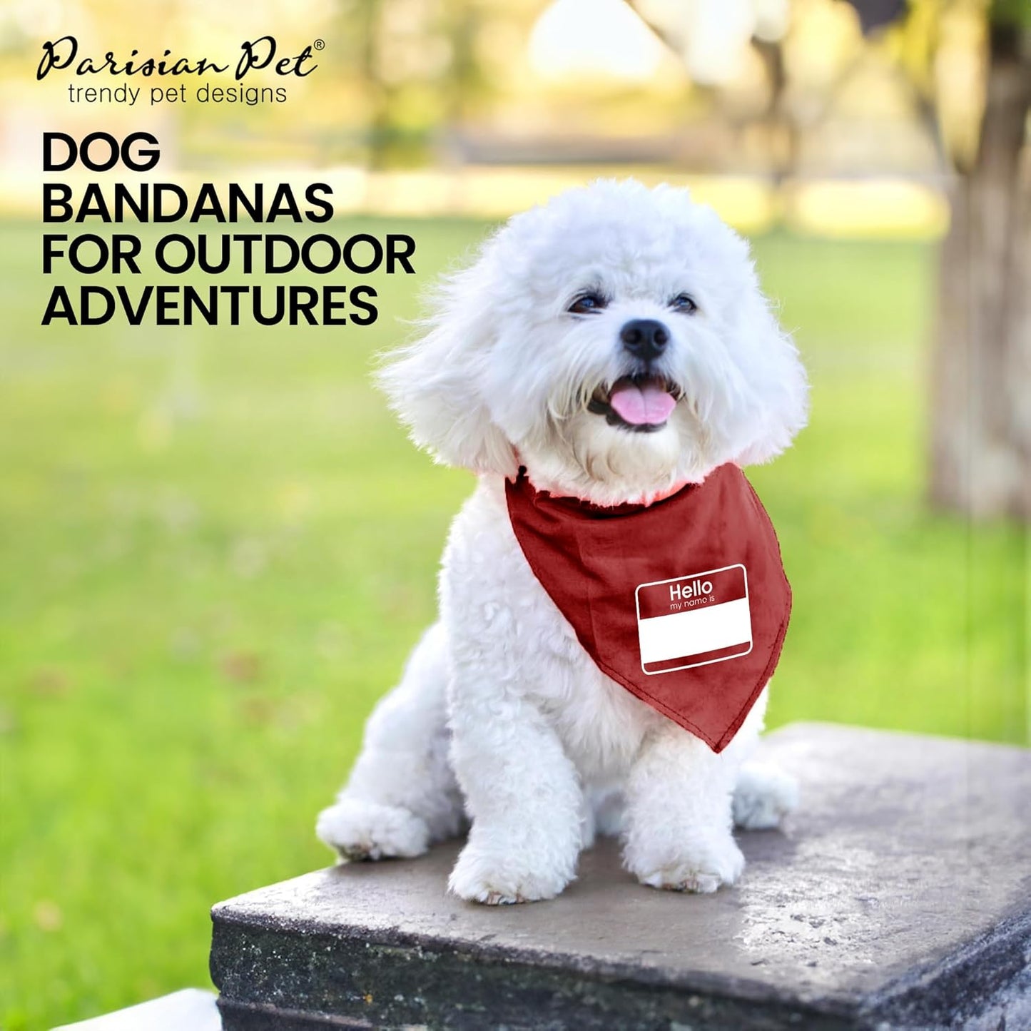 Parisian Unisex Pet Dog Bandanas with Printed 'My Name Is' - Pet ID Tag Tie-On Adjustable, Polyester Dog Scarf for Large Dogs - Washable Triangle Dog Bib - Red Handkerchief for Pets