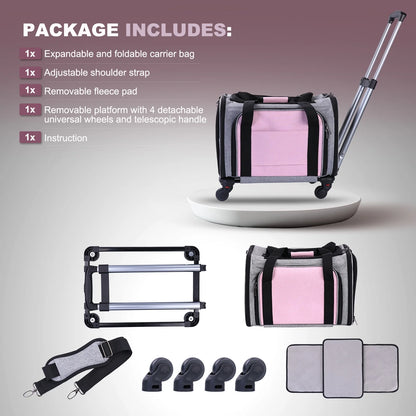 Rolling Pet Carrier with Wheels, Foldable Airline Approved Dog Carriers for Small Dogs and Cats, Cat Carrier on Wheels, Pet Travel Carrier for Flight Camping Outdoor