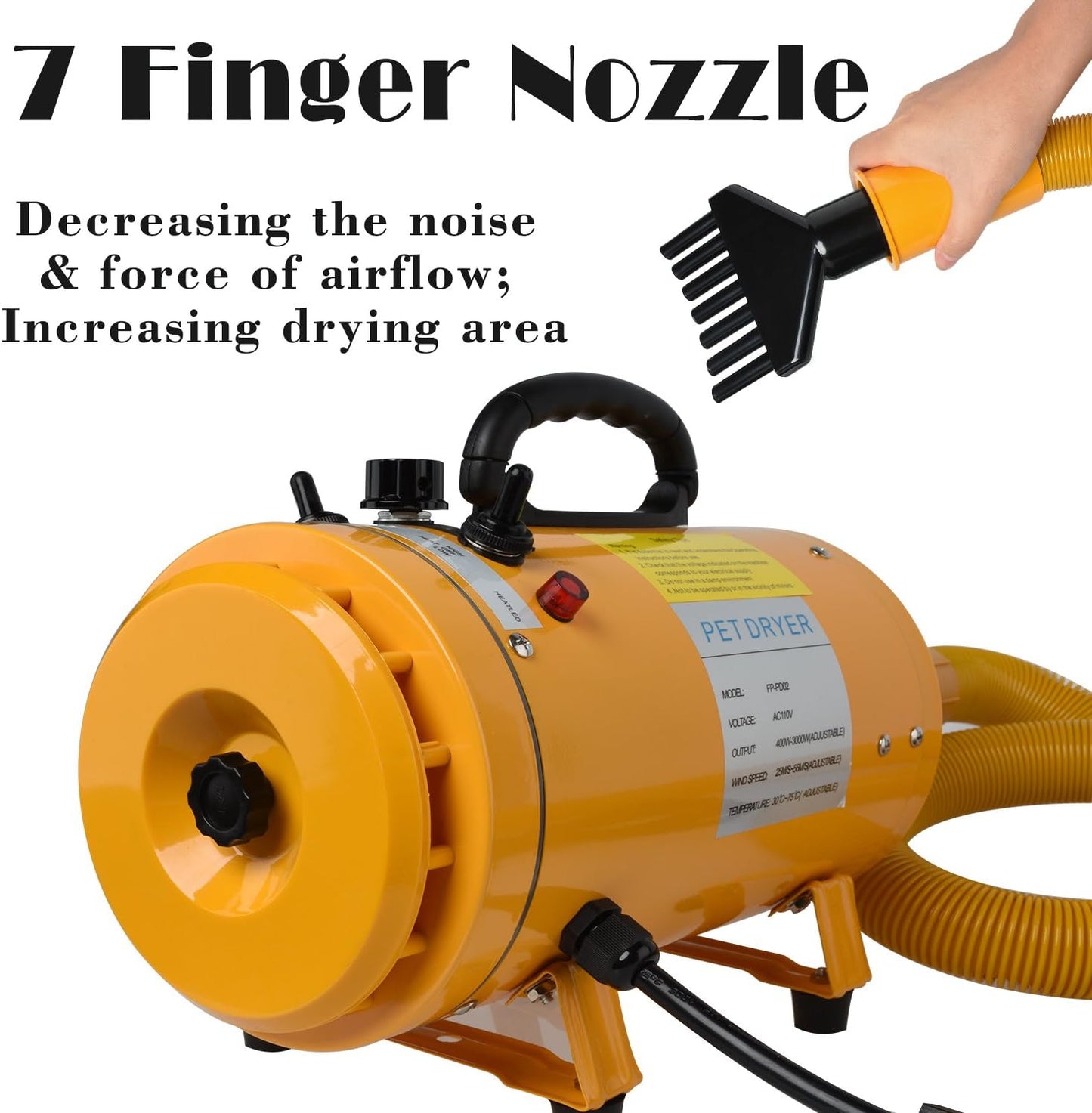 Pet Dryer Dog Hair Dryer 4.0HP Stepless Adjustable Speed and Temperature, Professional Pet Hair Force Dryer Dog Grooming Blower with Heater, Spring Hose, and 5 Different Nozzles