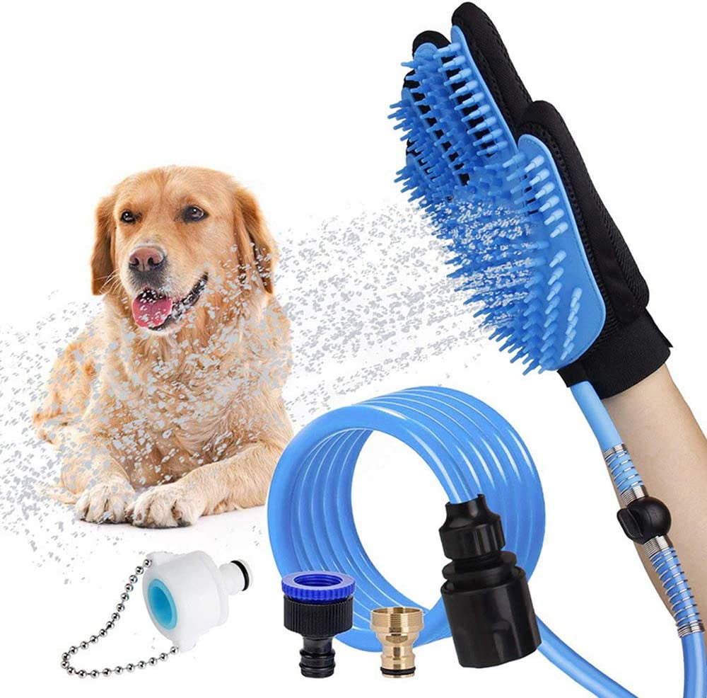 Pet Bathing Tool Dog Bathing Massaging Glove, Pet Hair Remover for Dog Bath with 3 Adapters Compatible Shower Bath Tub, Outdoor Garden (Blue, 8.2Feet/2.5M)