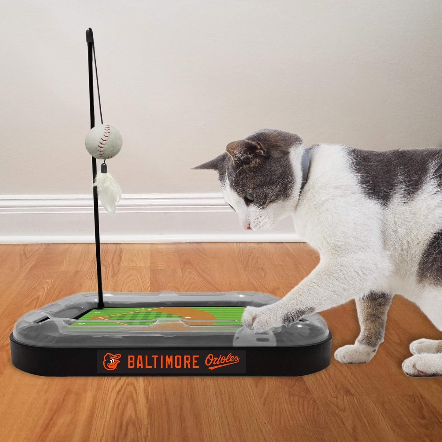 Cat Scratching Toy MLB BALTIMORE ORIOLES Baseball Field Cat Scratcher Toy with Interactive Cat Ball Bell in Tracks. 5-In-1 CAT TOY: Cat Wand Poll with CATNIP FILLED Plush Baseball & Feathers.