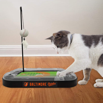 Cat Scratching Toy MLB BALTIMORE ORIOLES Baseball Field Cat Scratcher Toy with Interactive Cat Ball Bell in Tracks. 5-In-1 CAT TOY: Cat Wand Poll with CATNIP FILLED Plush Baseball & Feathers.