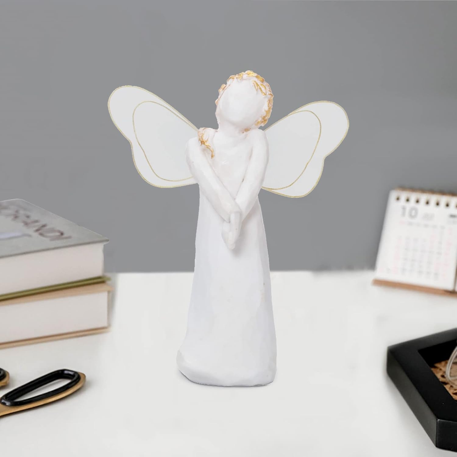 Small Standing Angel Resin Figurine Shying Angel Hand-Painted Figure Sculpted Wings Angel Statue, 5.1”H