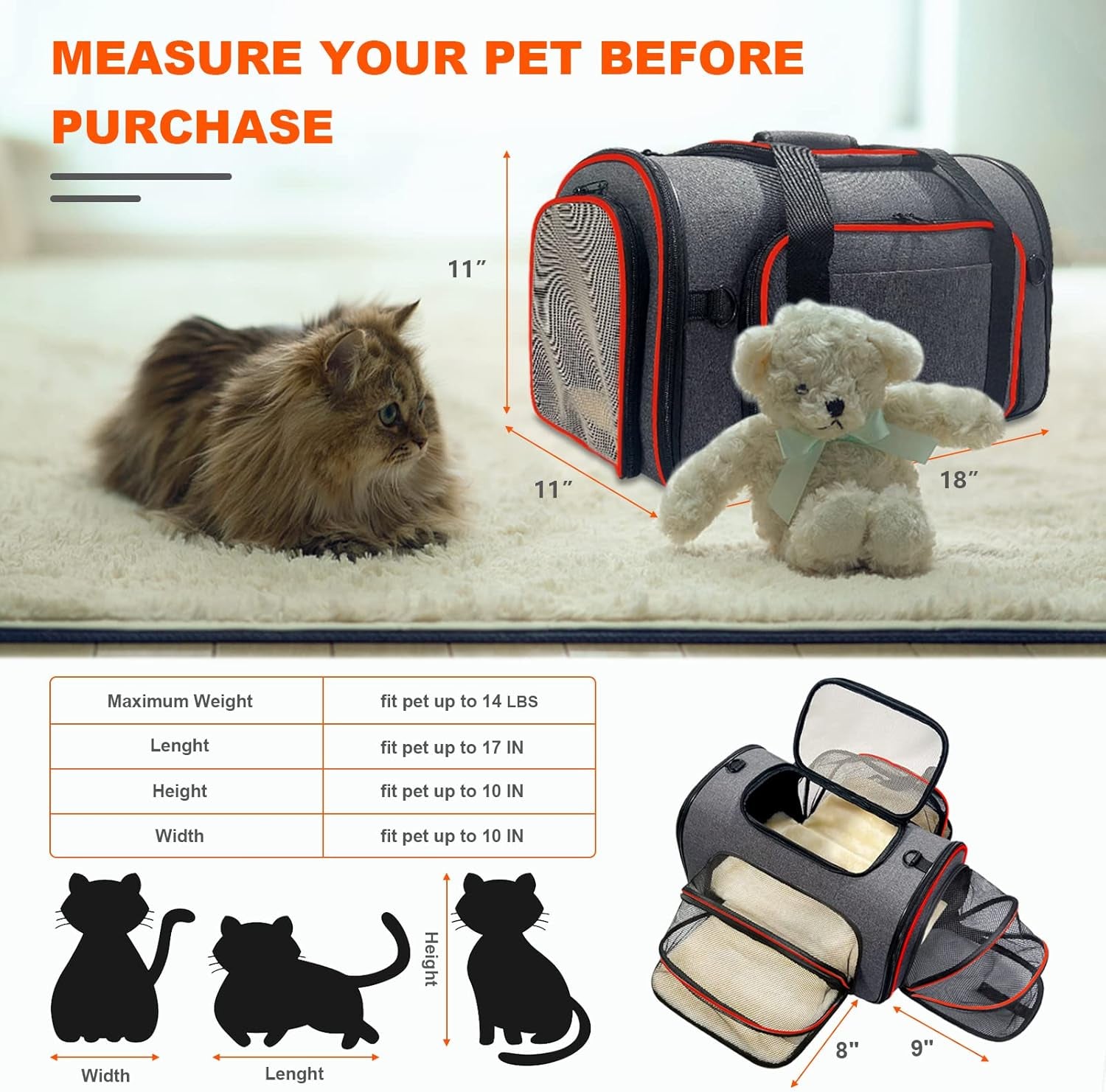 Pet Carrier TSA Approved, Cat Carrier Airline Approved Foldable Bag, Soft Travel Carrier for Dog Puppy with 3-Sides Expandable, Removable Fleece Pad, Foldable Bowl