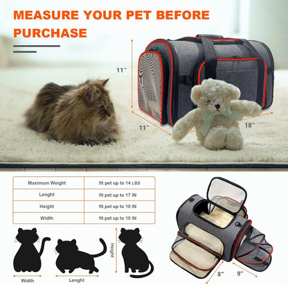 Pet Carrier TSA Approved, Cat Carrier Airline Approved Foldable Bag, Soft Travel Carrier for Dog Puppy with 3-Sides Expandable, Removable Fleece Pad, Foldable Bowl