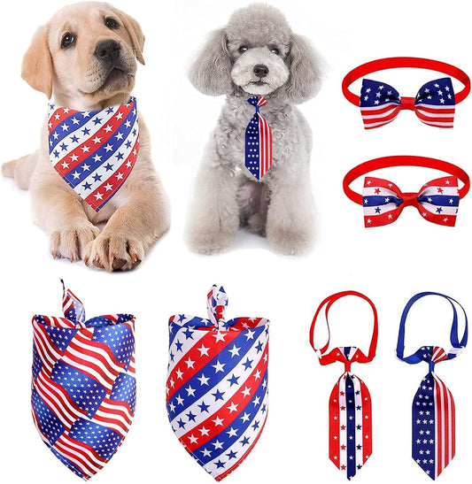 6 Pack American Flag 4Th of July Dog Bandana, Pet Dogs Triangle Bibs Scarf Bows and Ties, American Independence Day Memorial Day Flags Scarf Sets for Large, Medium, Small Dogs