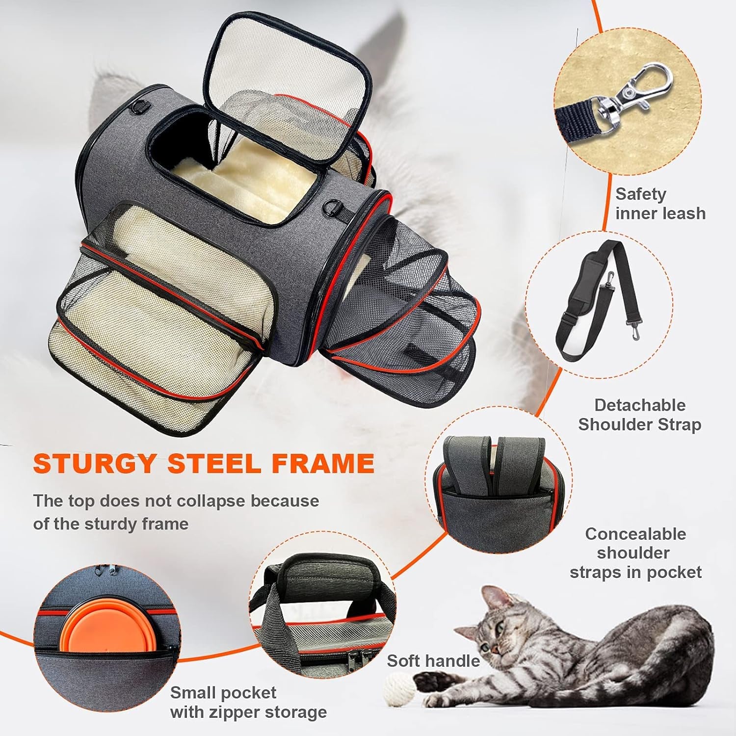Pet Carrier TSA Approved, Cat Carrier Airline Approved Foldable Bag, Soft Travel Carrier for Dog Puppy with 3-Sides Expandable, Removable Fleece Pad, Foldable Bowl
