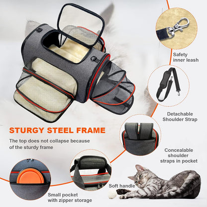 Pet Carrier TSA Approved, Cat Carrier Airline Approved Foldable Bag, Soft Travel Carrier for Dog Puppy with 3-Sides Expandable, Removable Fleece Pad, Foldable Bowl