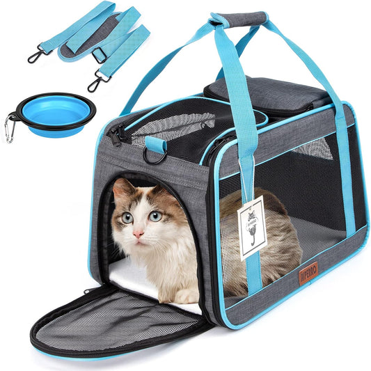 Cat Carrier Airline Approved Pet Carrier for Small Dogs, 4 Open Door Soft Sided Travel Carrier Bag for Puppies Kitty Rabbits with Foldable Bowl and Storage Pockets