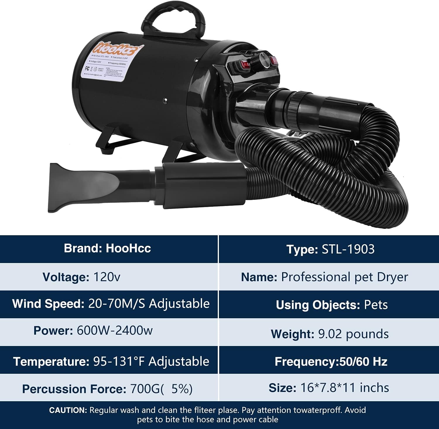 Dog Dryer, High Velocity Dog Hair Dryer, Dog Blow Dryer - Groomer Partner Pet Blower Grooming Force Dryer with Heater, Stepless Adjustable Speed, 4 Different Nozzles, Comb & Pet Grooming Glove (Black)